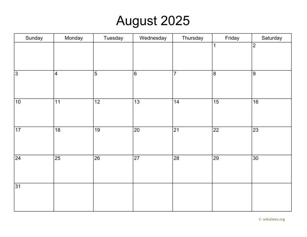 Basic Calendar For August 2025 | Wikidates Intended For August 2025 Calendar Printable Wiki