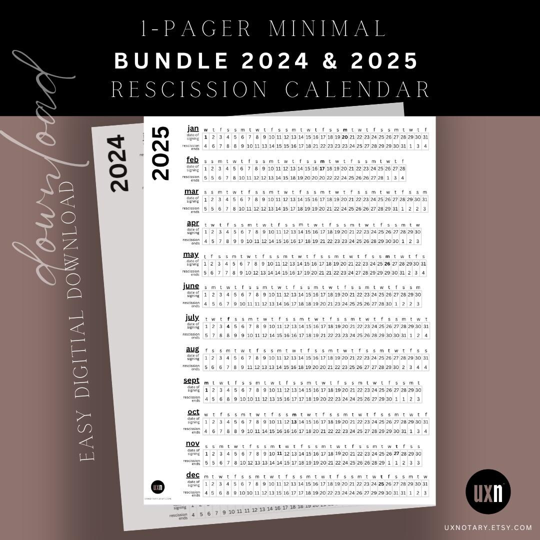 Bundle 2024 &amp;amp; 2025 Rescission Calendar Minimal Design Loan Signing intended for 2025 Rescission Calendar Printable