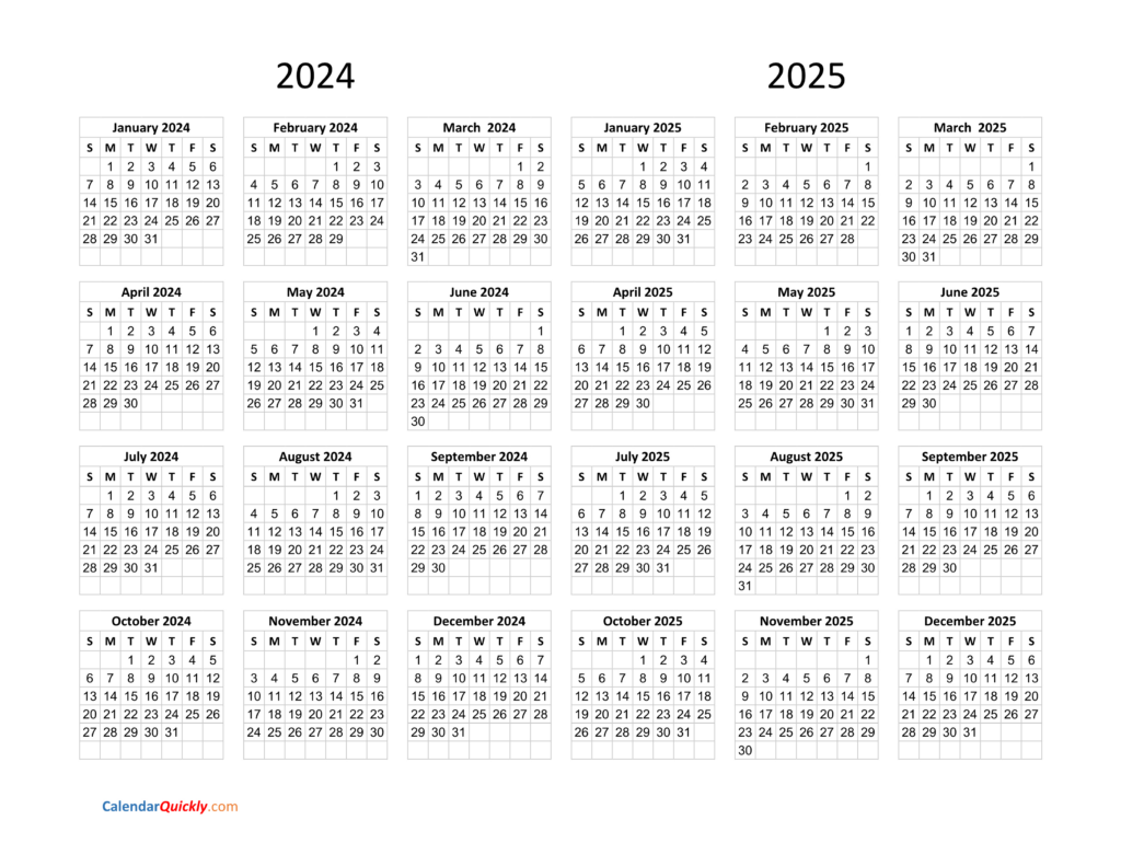 Calendar 2024 And 2025 On One Page | Calendar Quickly For 2 Year Calendar 2024 And 2025 Printable