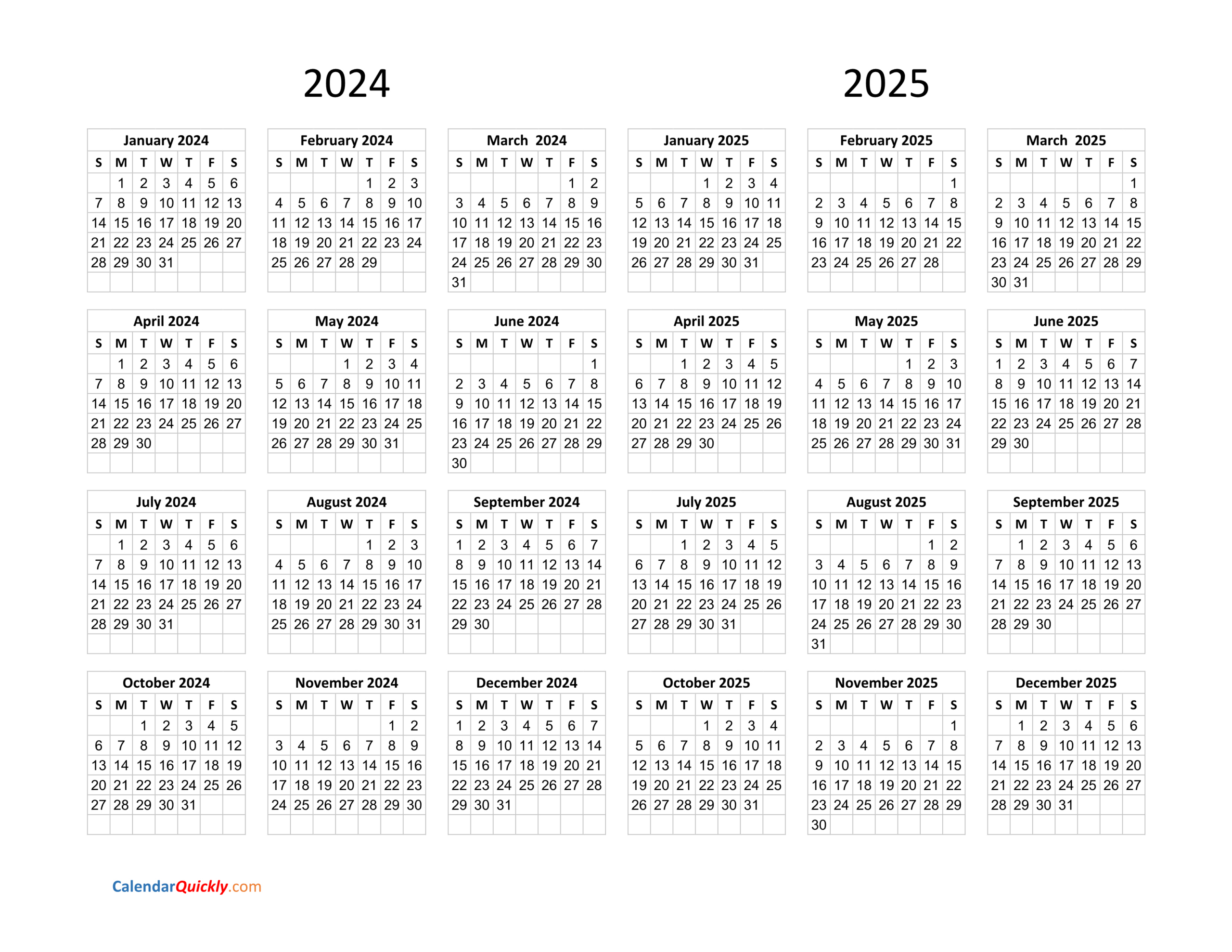 Calendar 2024 And 2025 On One Page | Calendar Quickly for 2 Year Calendar 2024 and 2025 Printable