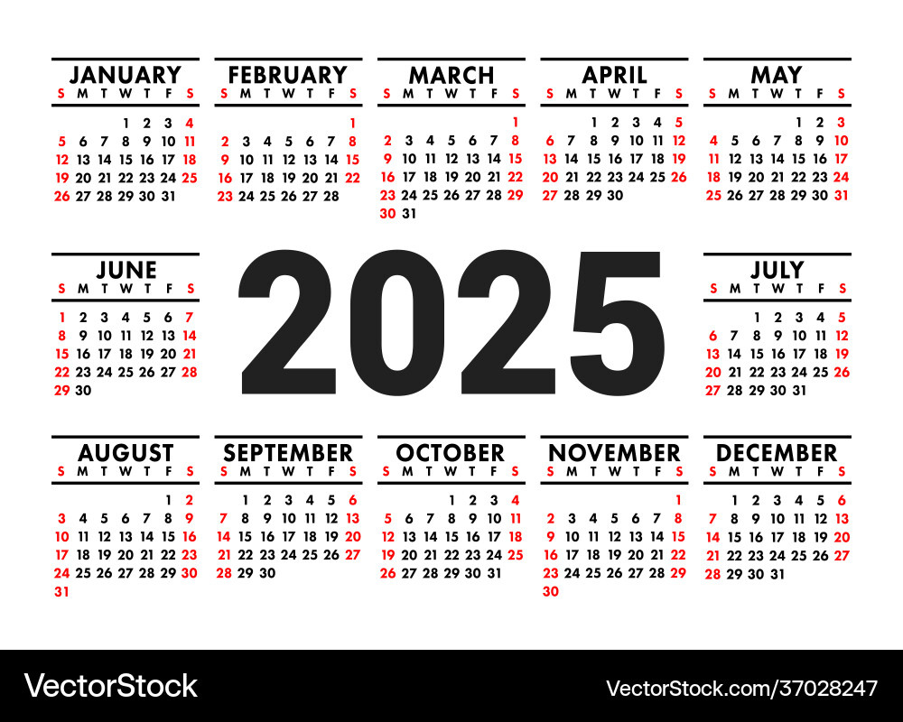 Calendar 2025 English Horizontal Wall Or Pocket Vector Image throughout Pocket Calendar 2025 Printable