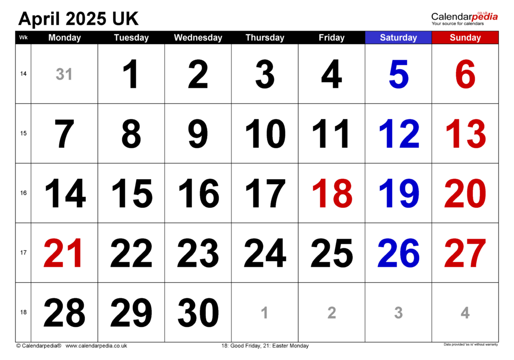 Calendar April 2025 Uk With Excel, Word And Pdf Templates Intended For Free Printable April 2025 Calendar With Holidays