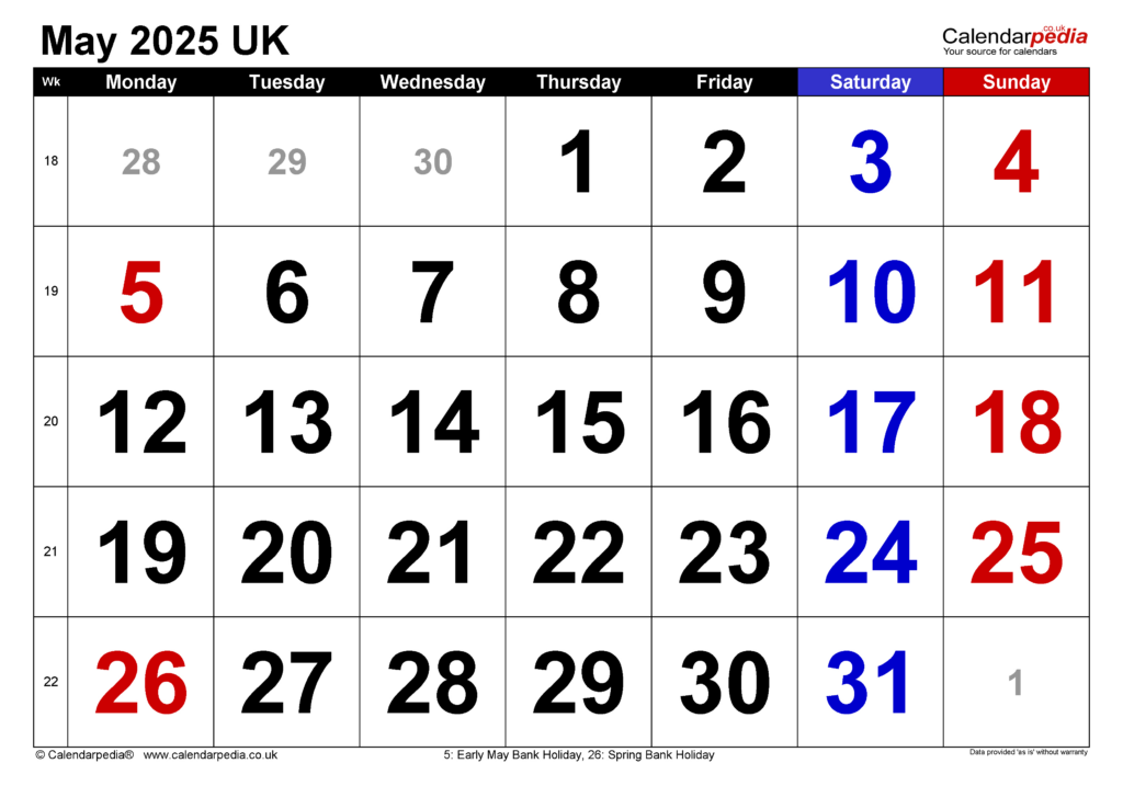 Calendar May 2025 Uk With Excel, Word And Pdf Templates For May 2025 Calendar With Holidays Printable