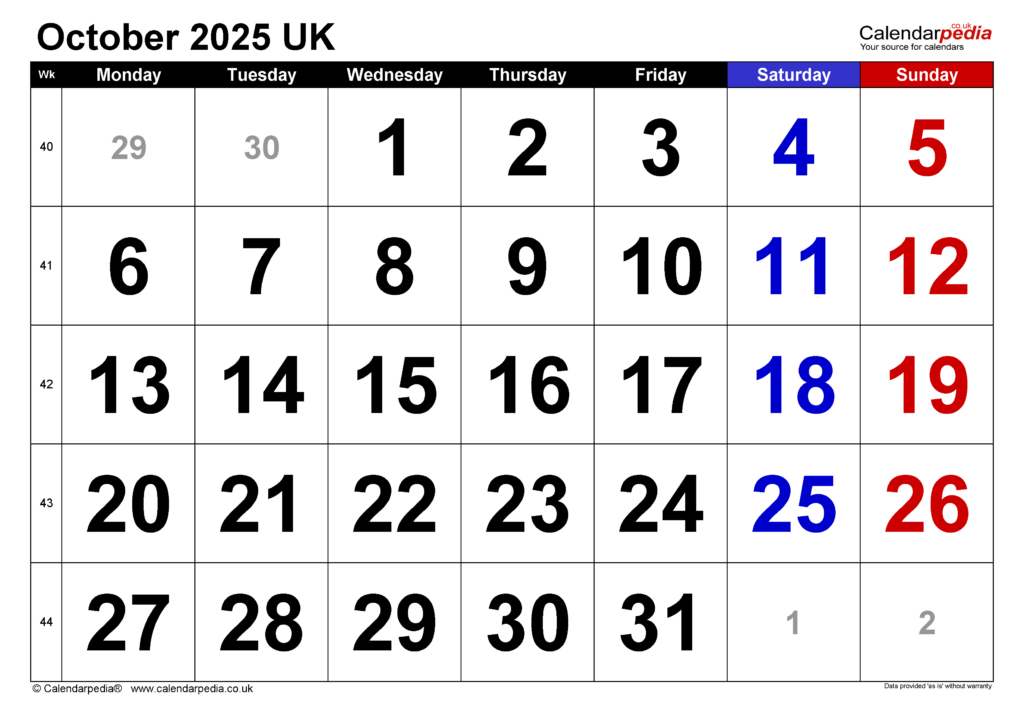 Calendar October 2025 Uk With Excel, Word And Pdf Templates Within Printable Calendar 2025 October