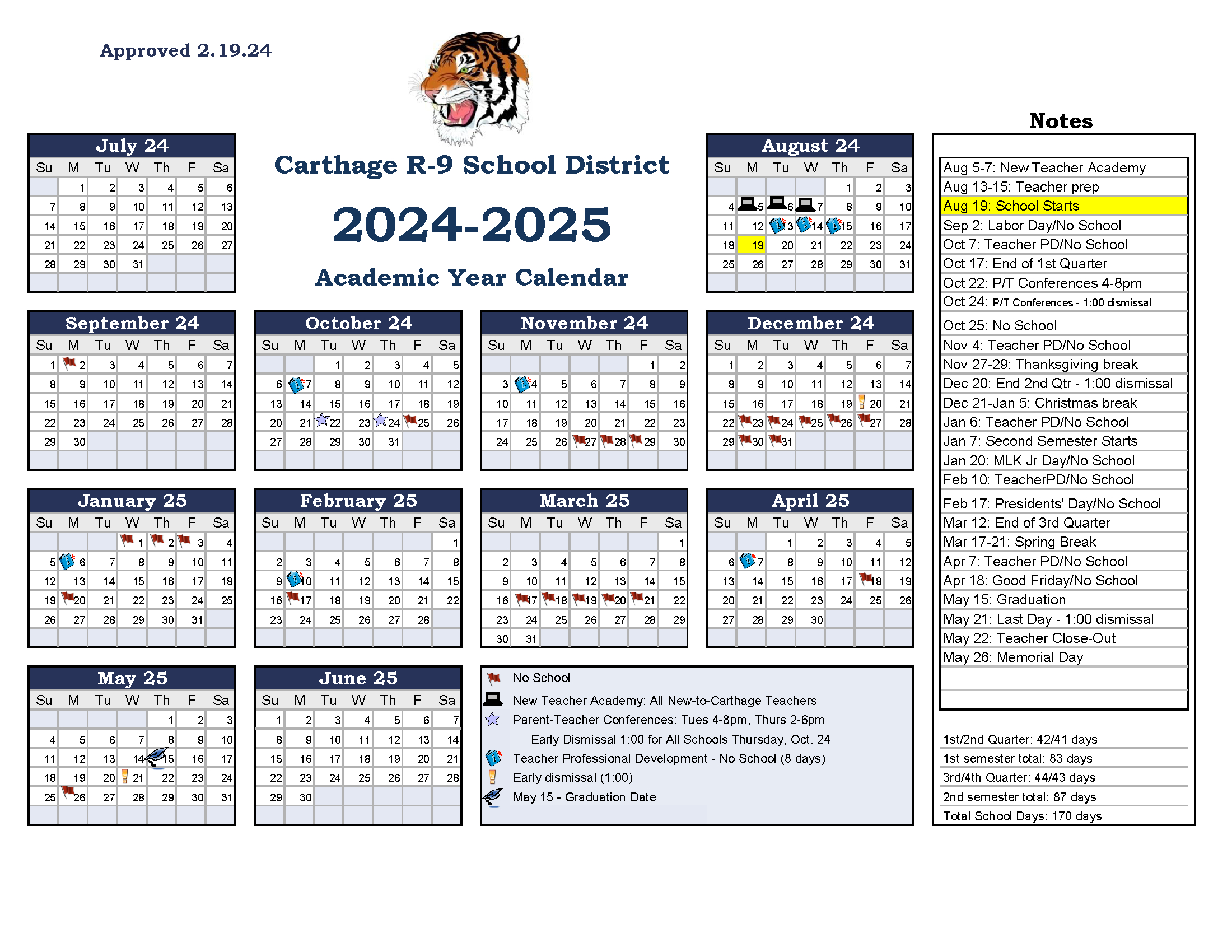 Carthage R-9 - School Calendar 2024-25 for Mizzou Fall 2025 Start Date Calendar Printable