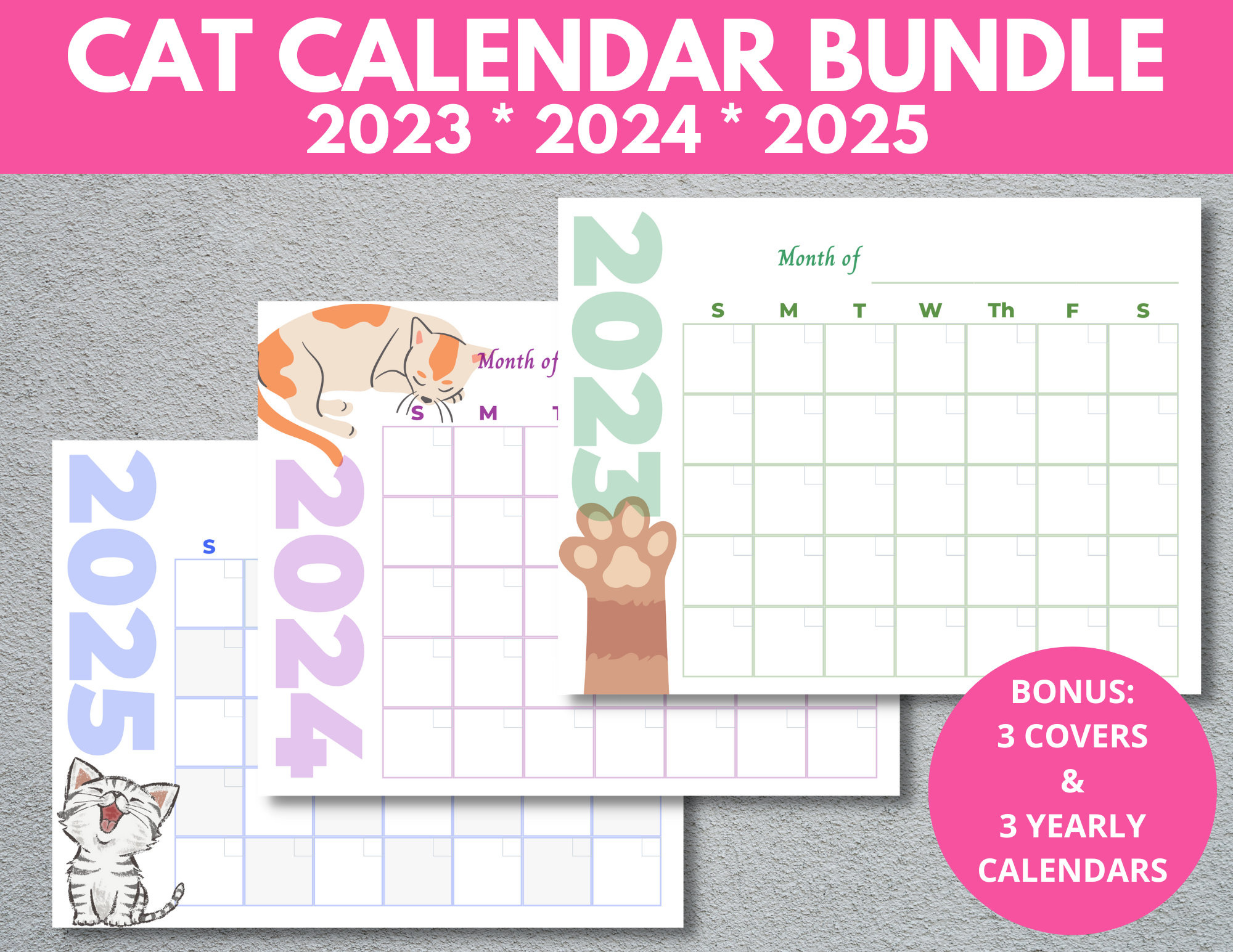 Cat Calendar Bundle 2023 2024 2025, Printable Blank Monthly for Cat Calendar 2025 Printable