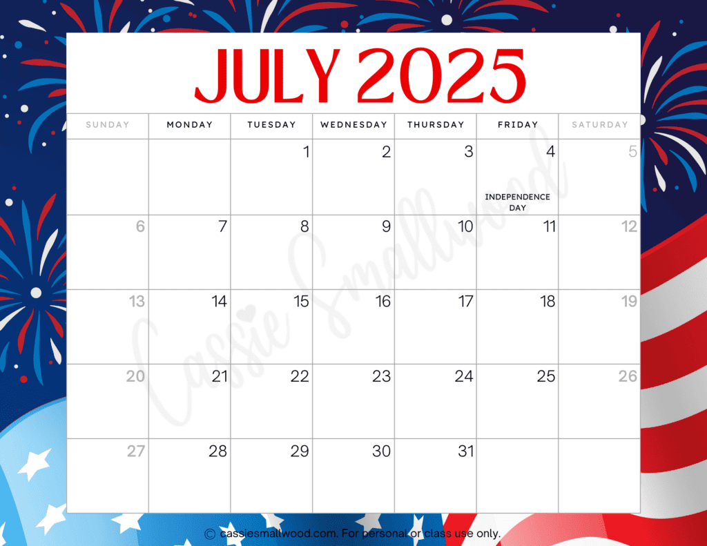 Cute 2025 Free Printable Monthly Calendars - Cassie Smallwood in Free Printable July 2025 Calendar with Holidays