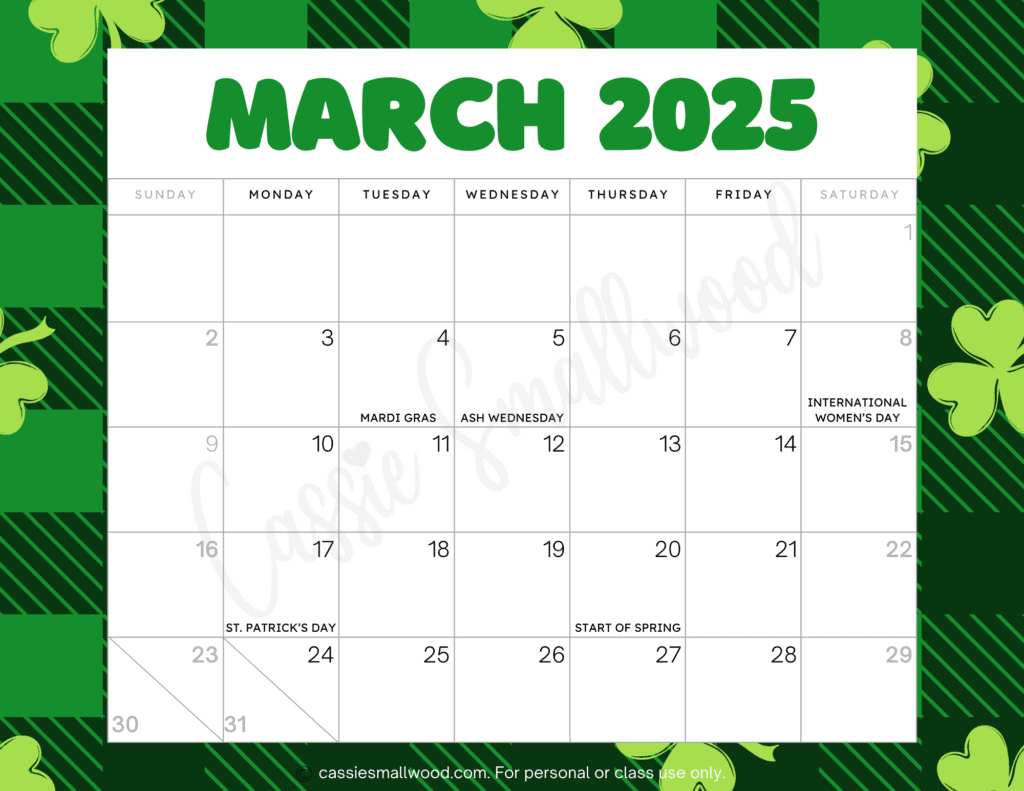 Cute 2025 Free Printable Monthly Calendars - Cassie Smallwood inside March 2025 Calendar with Holidays Printable