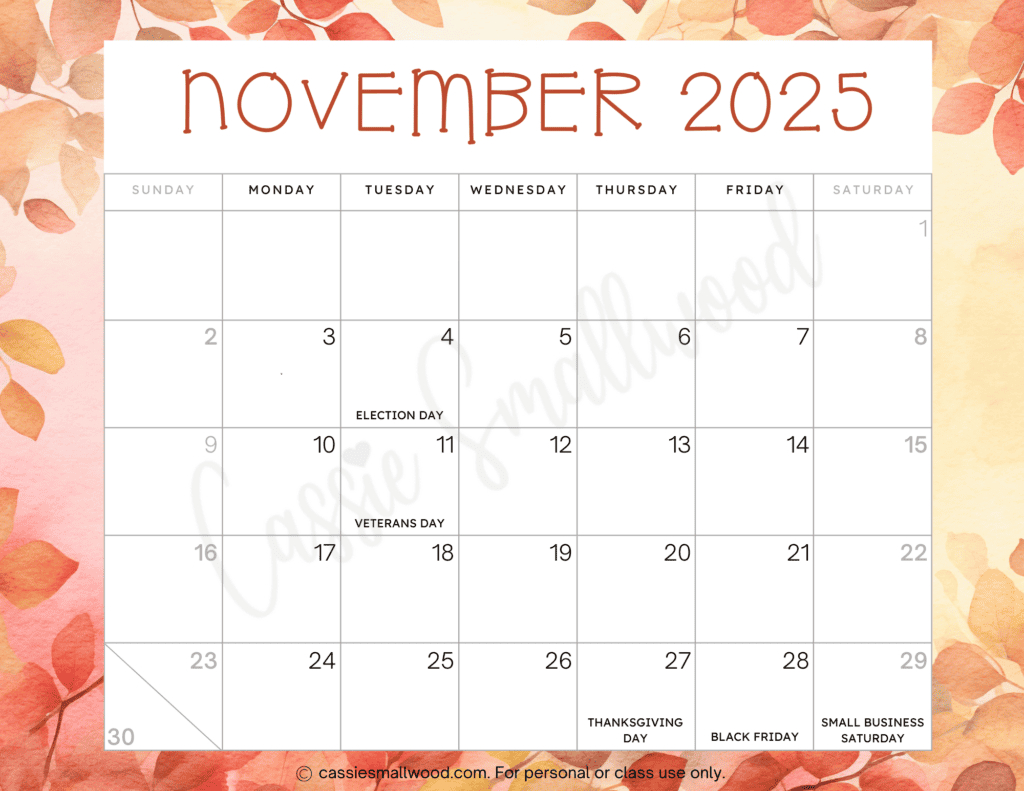 Cute 2025 Free Printable Monthly Calendars - Cassie Smallwood inside November 2025 Printable Calendar with Holidays