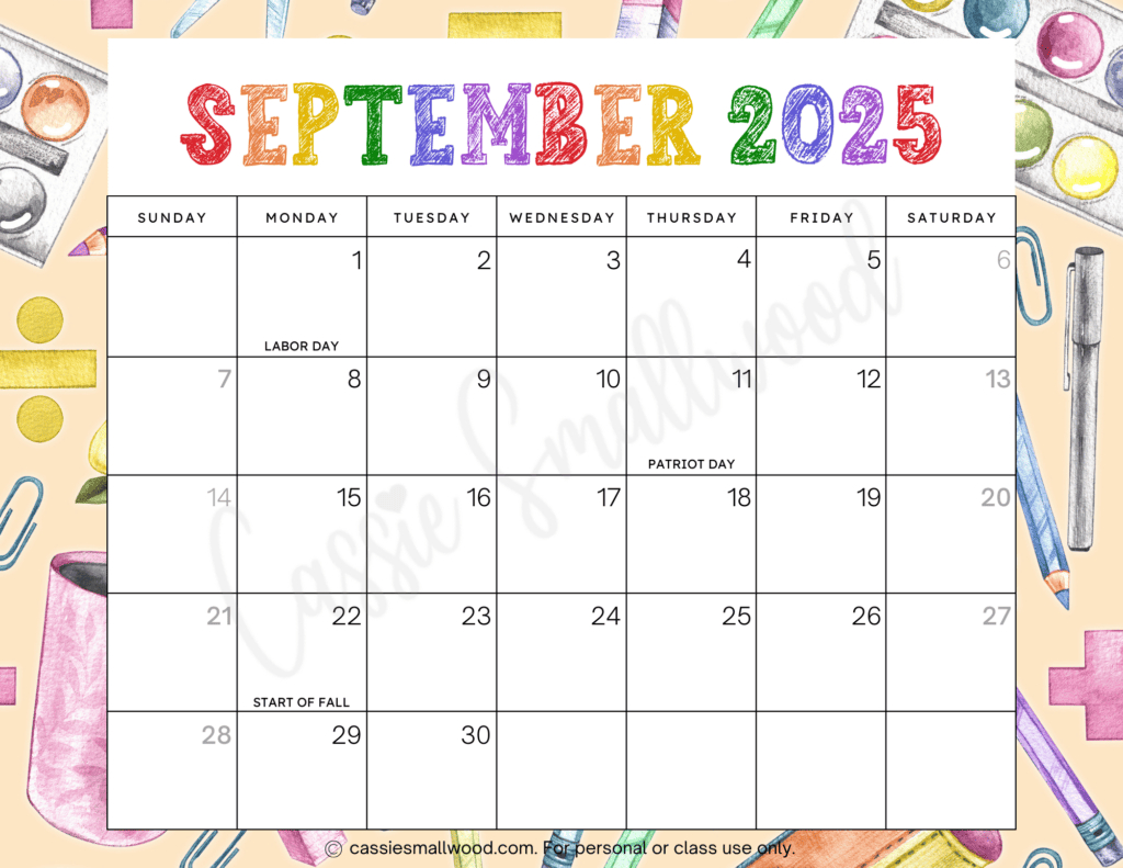 Cute 2025 Free Printable Monthly Calendars - Cassie Smallwood inside September 2025 Calendar With Holidays Printable Free