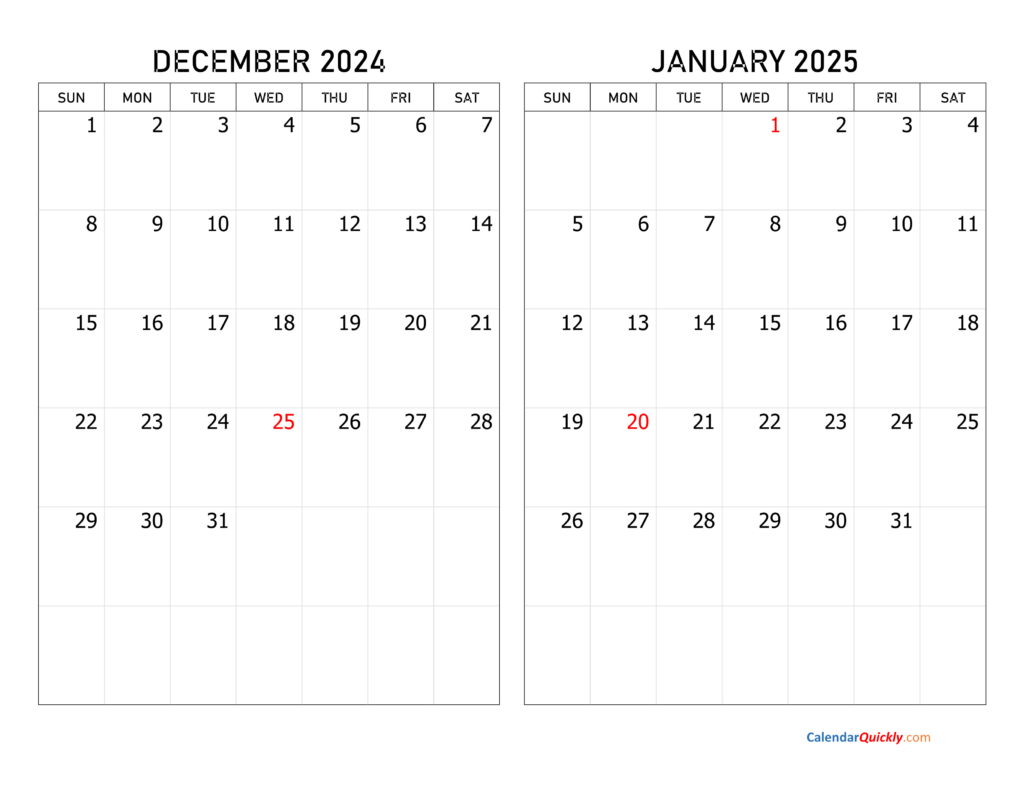 December 2024 And January 2025 Calendar | Calendar Quickly Pertaining To Printable Calendar Dec 2024 Jan 2025