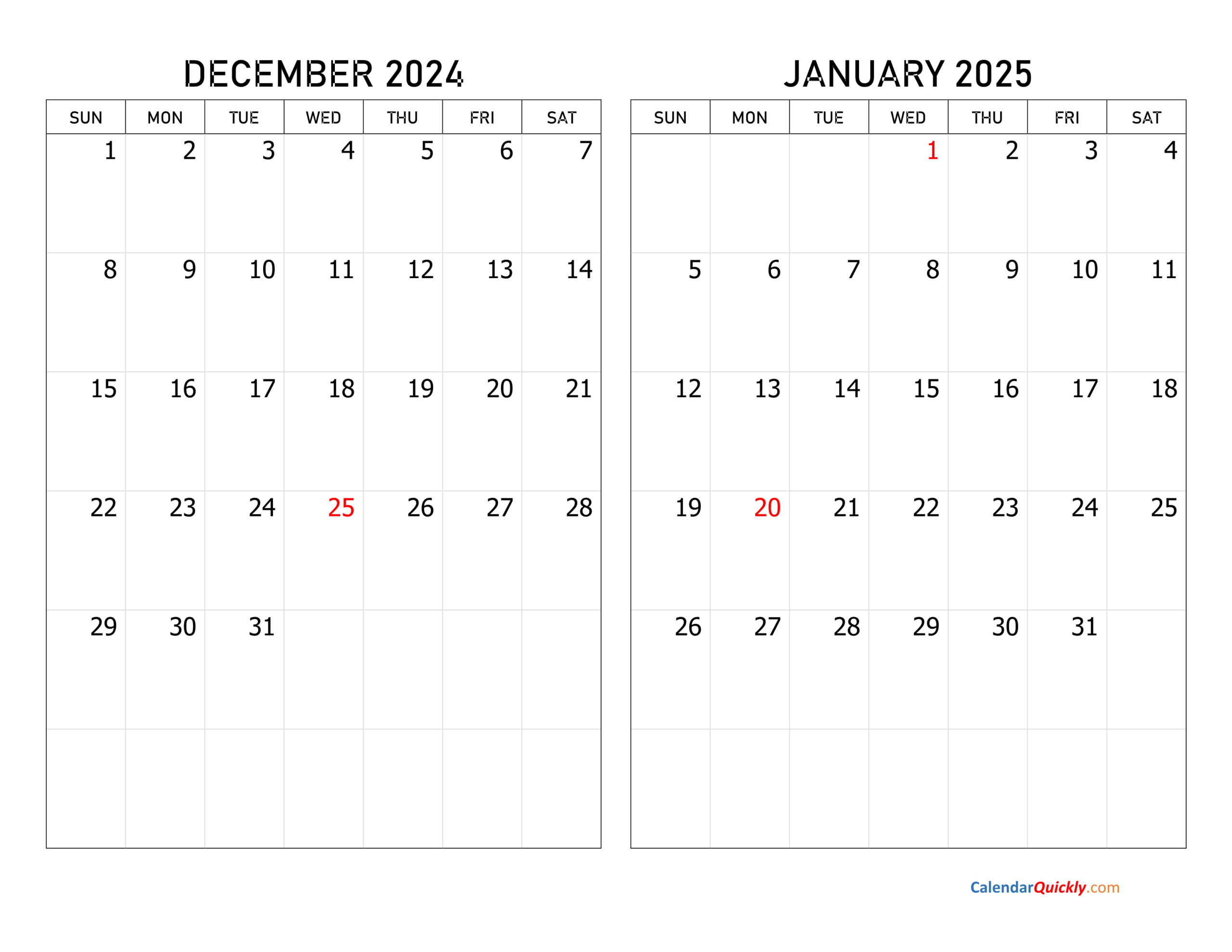 December 2024 And January 2025 Calendar | Calendar Quickly pertaining to Printable Calendar Dec 2024 Jan 2025