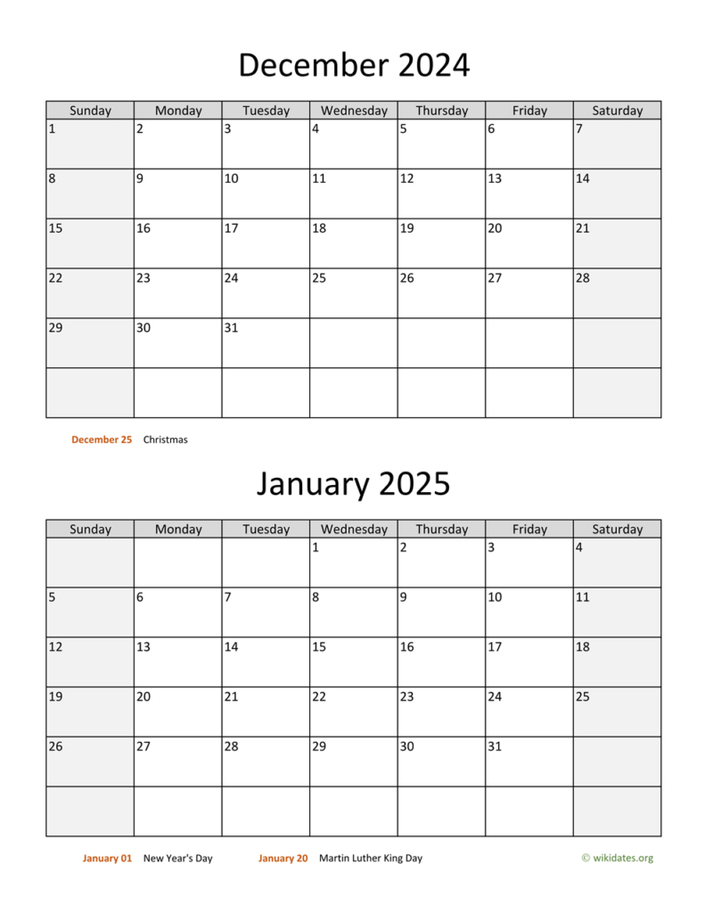 December 2024 And January 2025 Calendar | Wikidates For December 2024 And January 2025 Calendar Printable