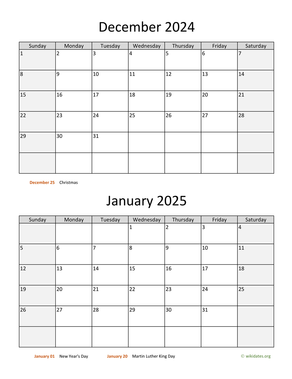 December 2024 And January 2025 Calendar | Wikidates for December 2024 And January 2025 Calendar Printable