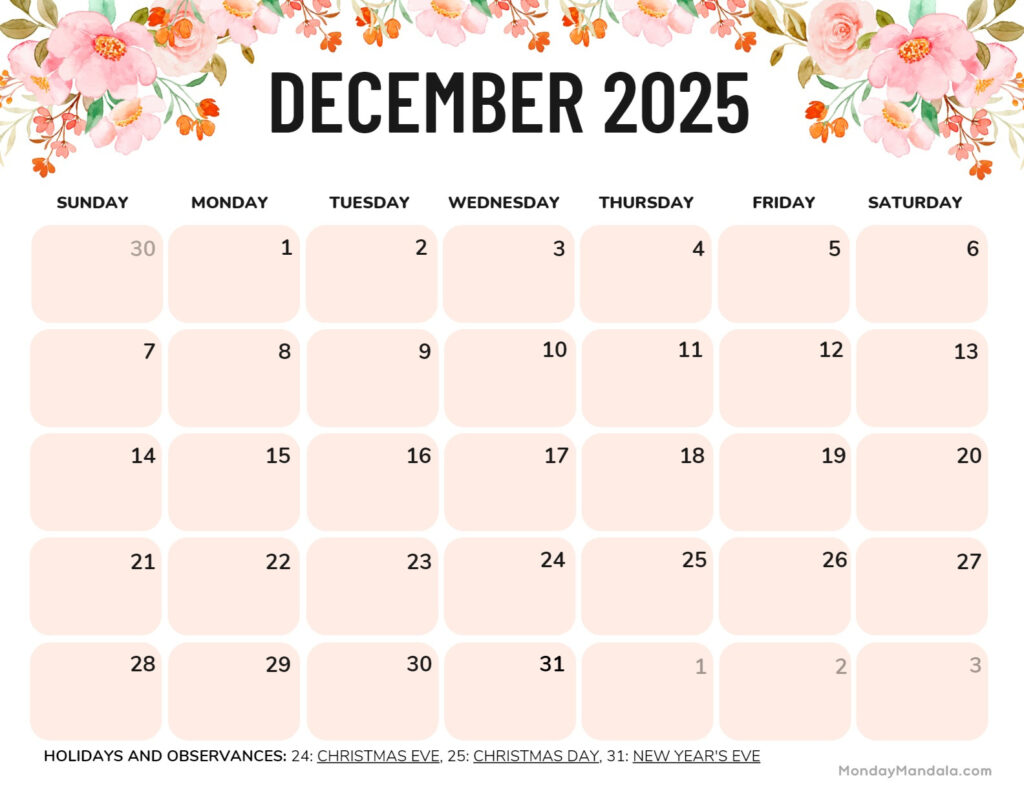 December 2025 Calendar (52 Free Pdf Printables) Pertaining To December 2025 Free Printable Calendar