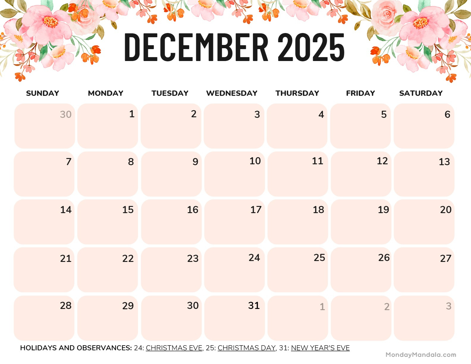 December 2025 Calendar (52 Free Pdf Printables) pertaining to December 2025 Free Printable Calendar