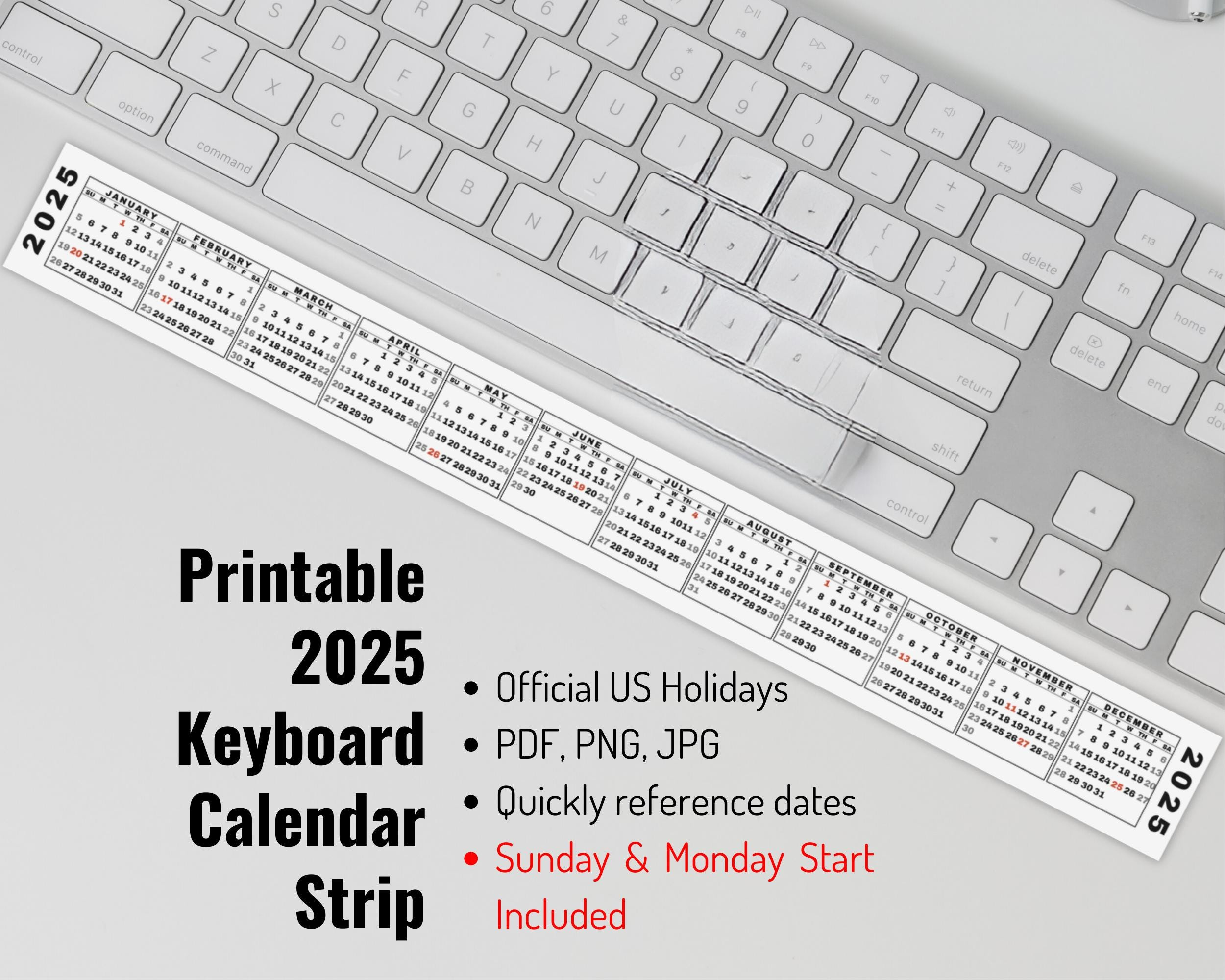 Desktop Calendar Strip, 2025 Mini Calendar, Printable Keyboard inside 2025 Calendar Strip Printable