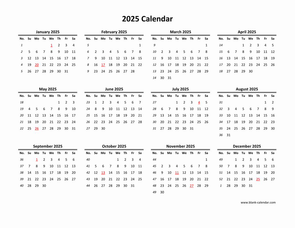 Download Blank Calendar 2025 (12 Months On One Page, Horizontal) throughout 2025 12 Month Calendar On One Page Printable