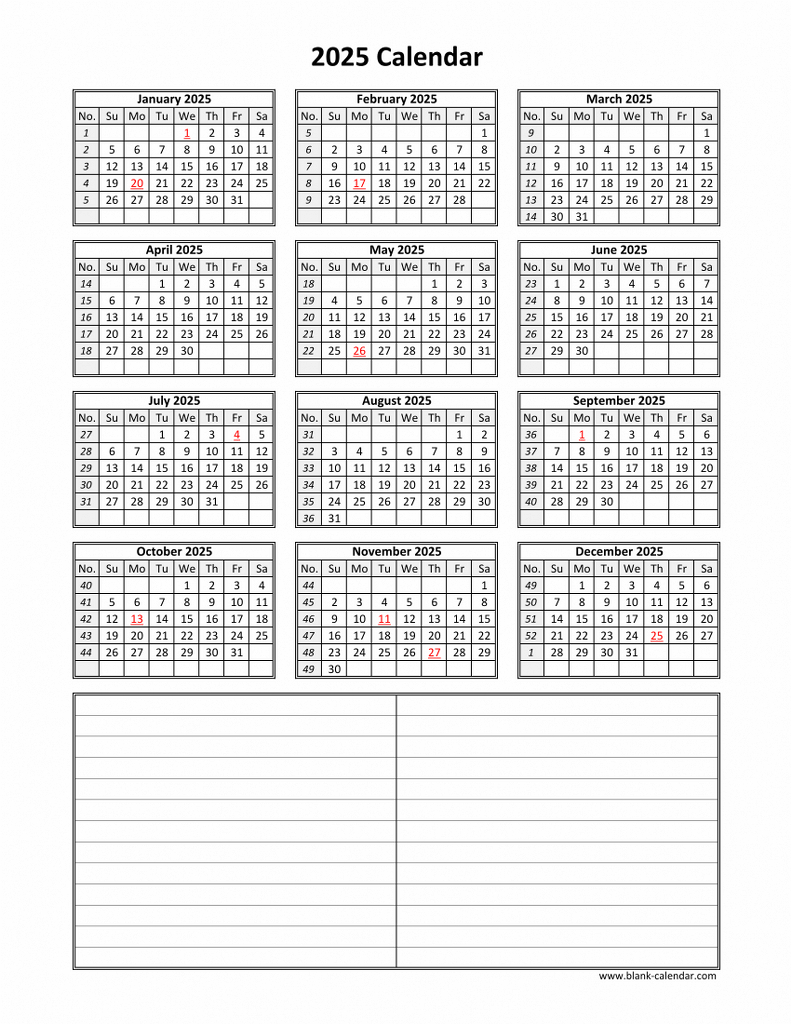 Download Blank Calendar 2025 With Space For Notes (12 Months On pertaining to 2025 12 Month Calendar On One Page Printable