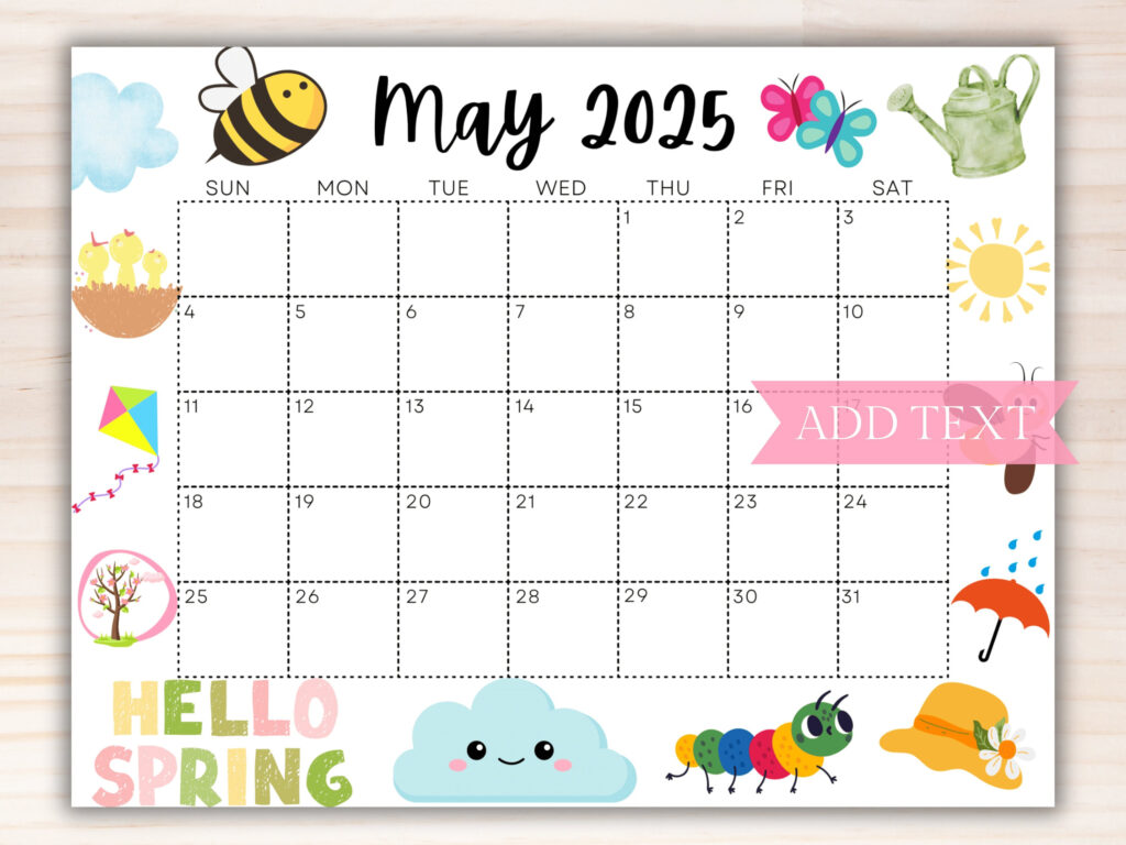 Editable May 2025 Calendar, Printable Calendar 2025, Cute Spring In May 2025 Monthly Calendar Printable