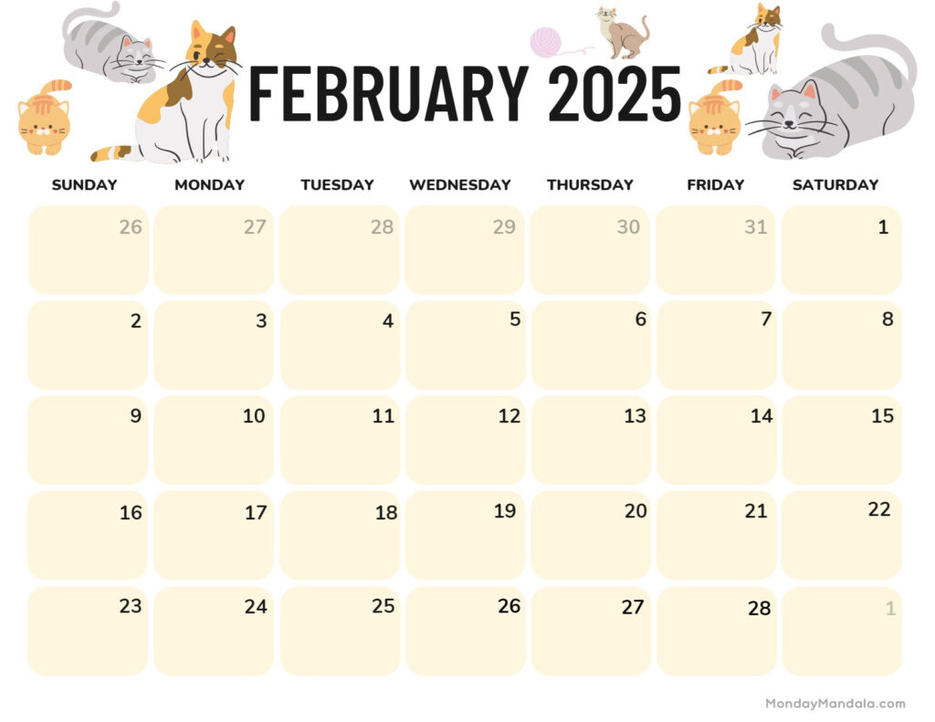 February 2025 Calendar (52 Free Pdf Printables) For Free Printable Cat Calendar 2025