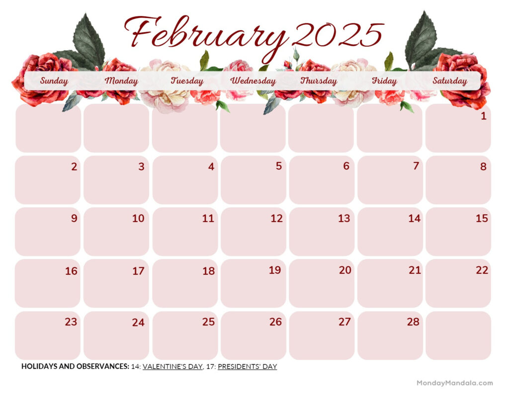 February 2025 Calendar (52 Free Pdf Printables) Throughout February 2025 Calendar Printable With Holidays