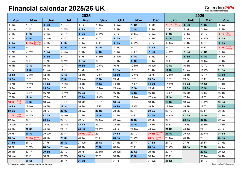 Financial Calendars 2025/26 Uk In Pdf Format Intended For 2025 Fiscal Calendar Printable