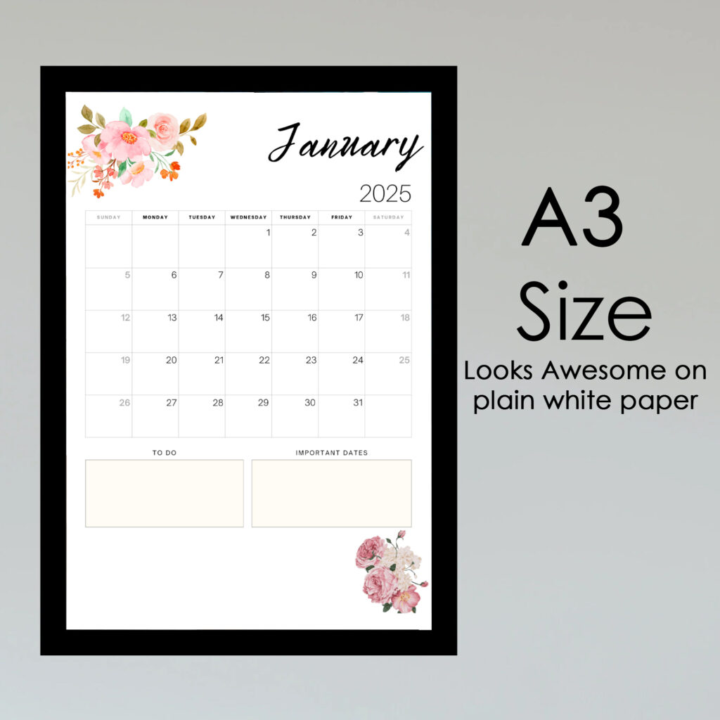 Floral Printable Calendar 2025, 12 Month With Notes Option Intended For Printable Calendar 2025 Floral