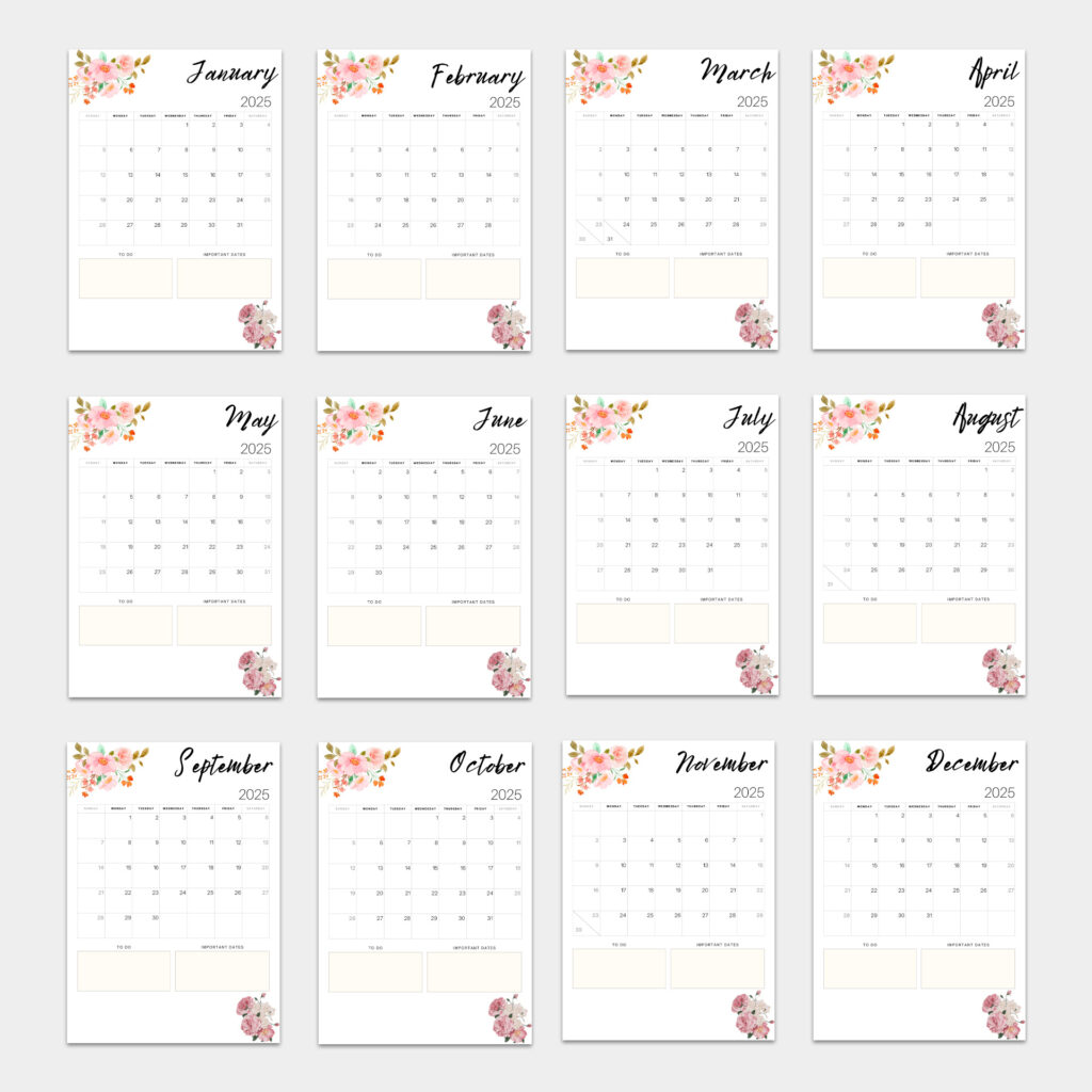 Floral Printable Calendar 2025, 12 Month With Notes Option Within Floral Printable Calendar 2025