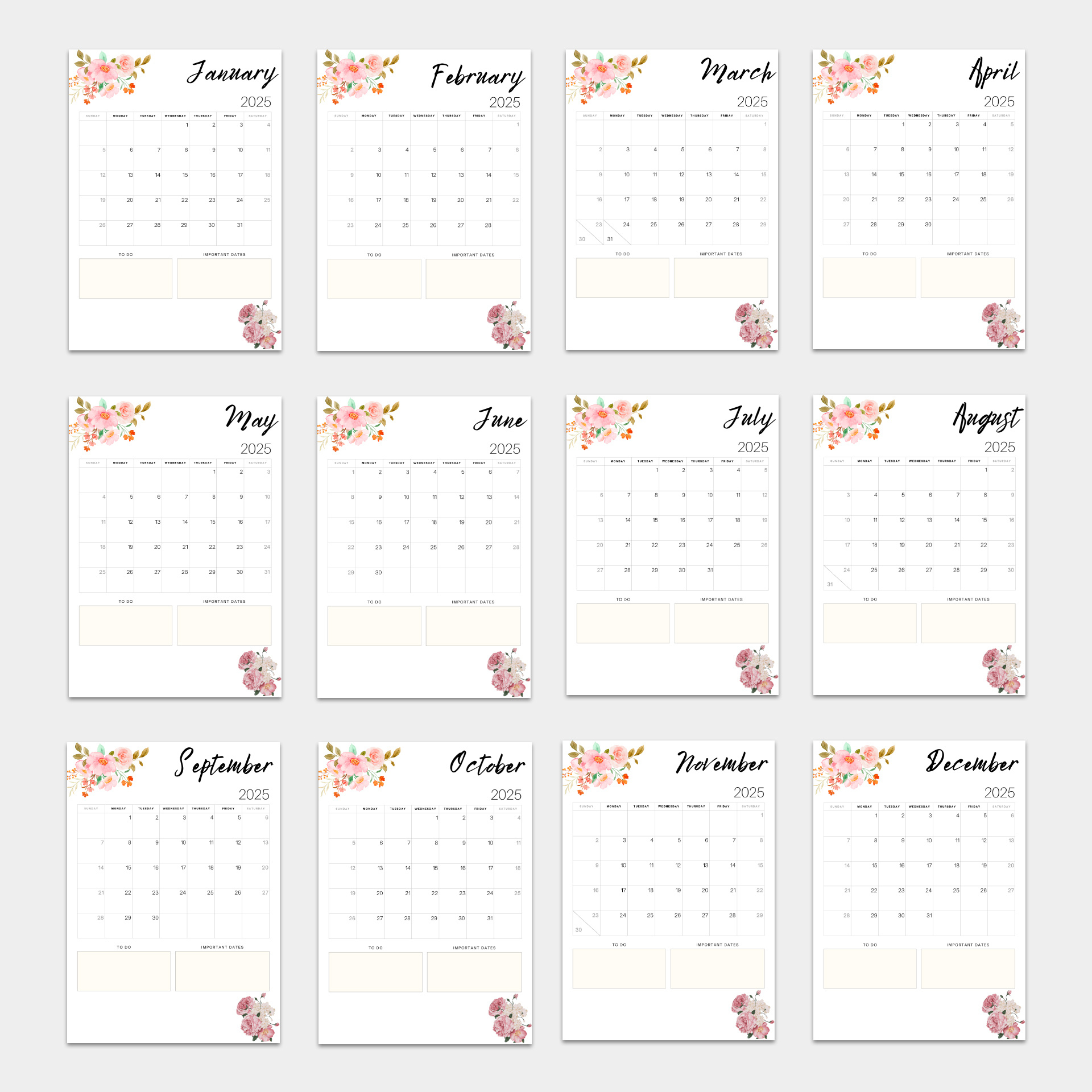 Floral Printable Calendar 2025, 12 Month With Notes Option within Floral Printable Calendar 2025