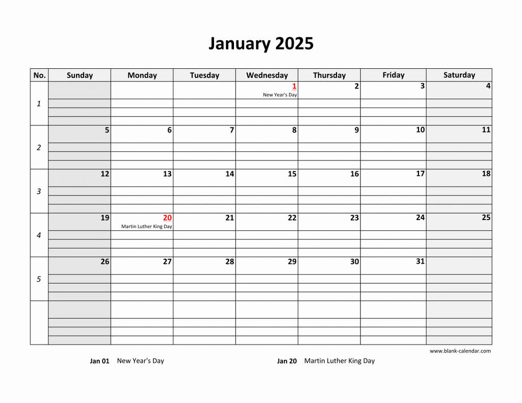 Free Download Printable Calendar 2025, Large Box Grid, Space For Notes for Calendar 2025 Printable Large