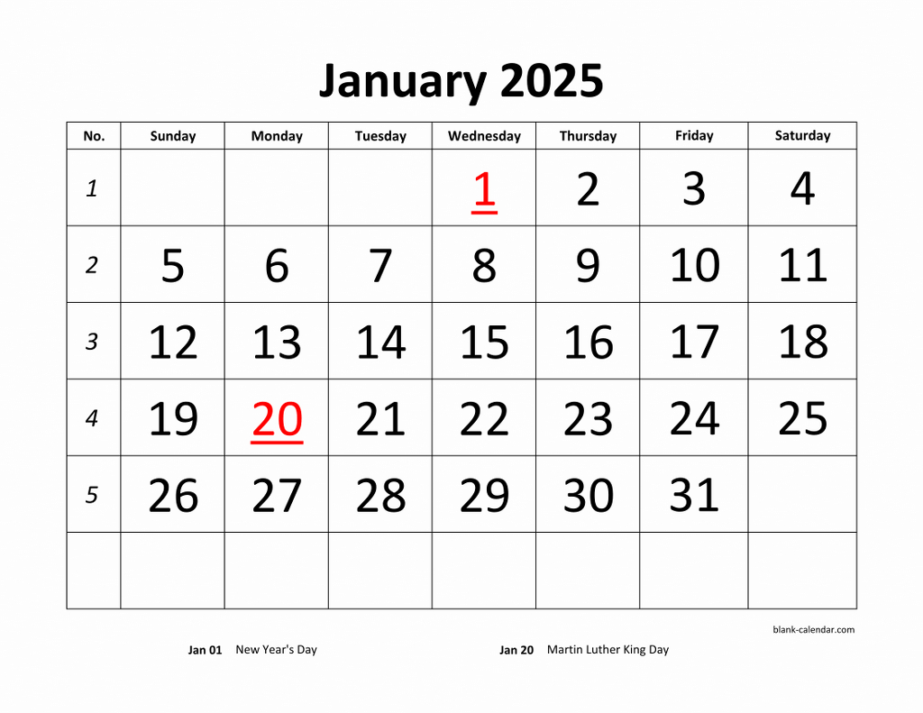 Free Download Printable Calendar 2025, Large Font Design for Big Calendar 2025 Printable