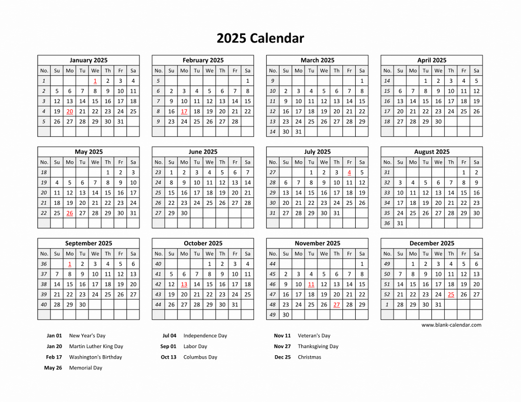 Free Download Printable Calendar 2025 With Us Federal Holidays for 2025 Calendar Printable with US Holidays