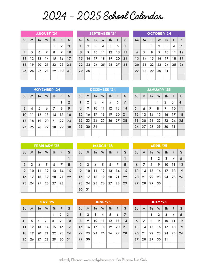 Free Printable 2024 2025 School Calendar   One Page Academic For 2024 2025 Printable Calendar