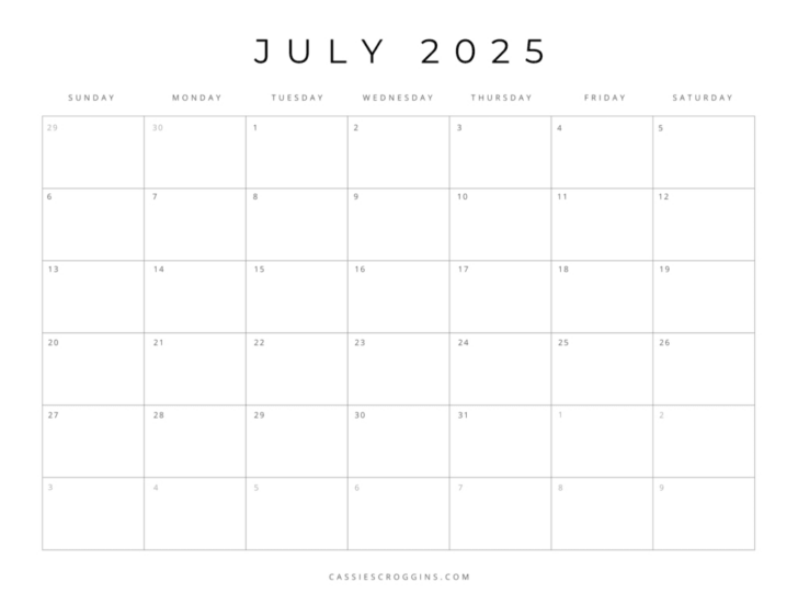 Blank July 2025 Calendar Printable