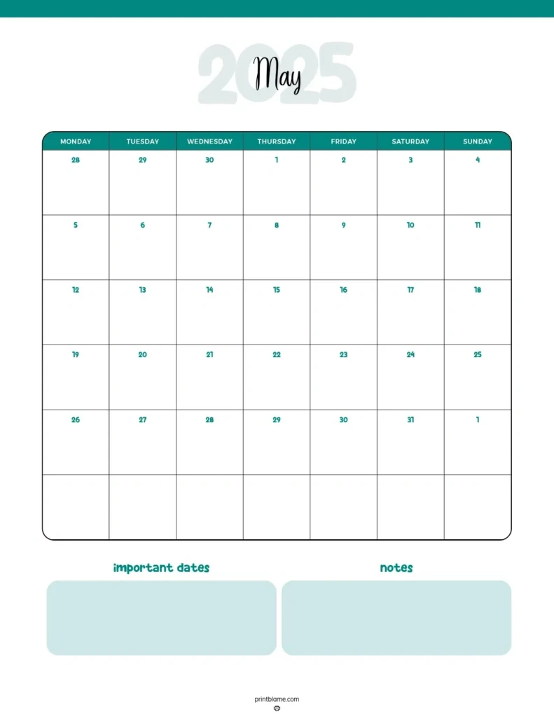 Free Printable May 2025 Calendar - 40+ Free Pdf Calendars for Printable Workout Calendar 2025