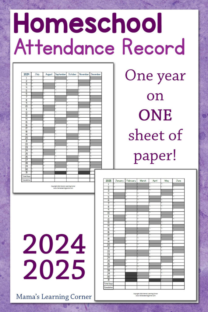 Homeschool Attendance Record 2024 2025   Mamas Learning Corner Throughout Free Printable Attendance Calendar 2025