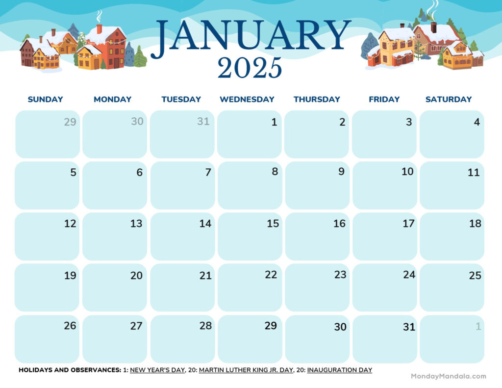 January 2025 Calendar (52 Free Pdf Printables) Pertaining To Free Printable January 2025 Calendar With Holidays