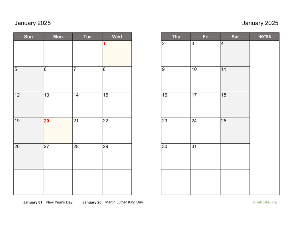 January 2025 Calendar On Two Pages | Wikidates Throughout Free Printable 2 Page Monthly Calendar 2025