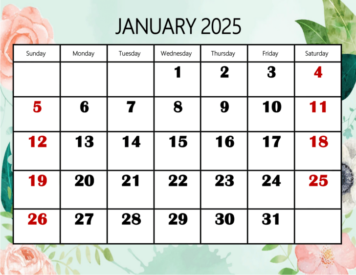 Free Printable January 2025 Monthly Calendar with Holidays