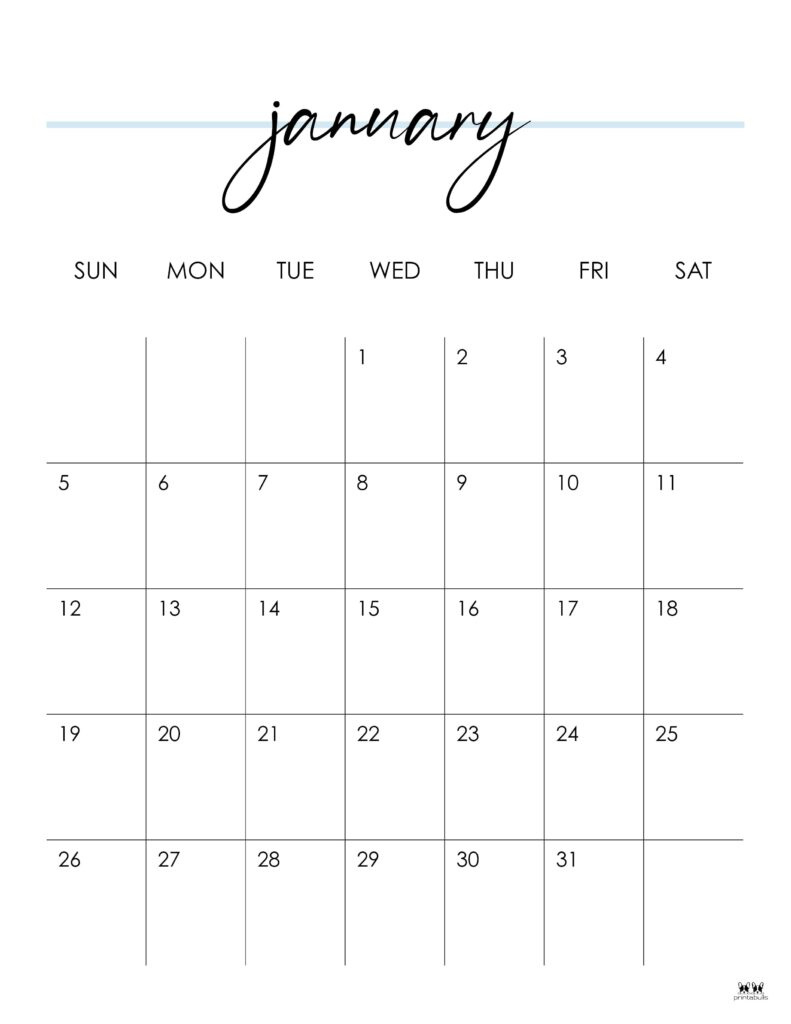 January 2025 Calendars - 107 Free Printables | Printabulls in 2025 Monthly Calendar Printable Portrait Mode