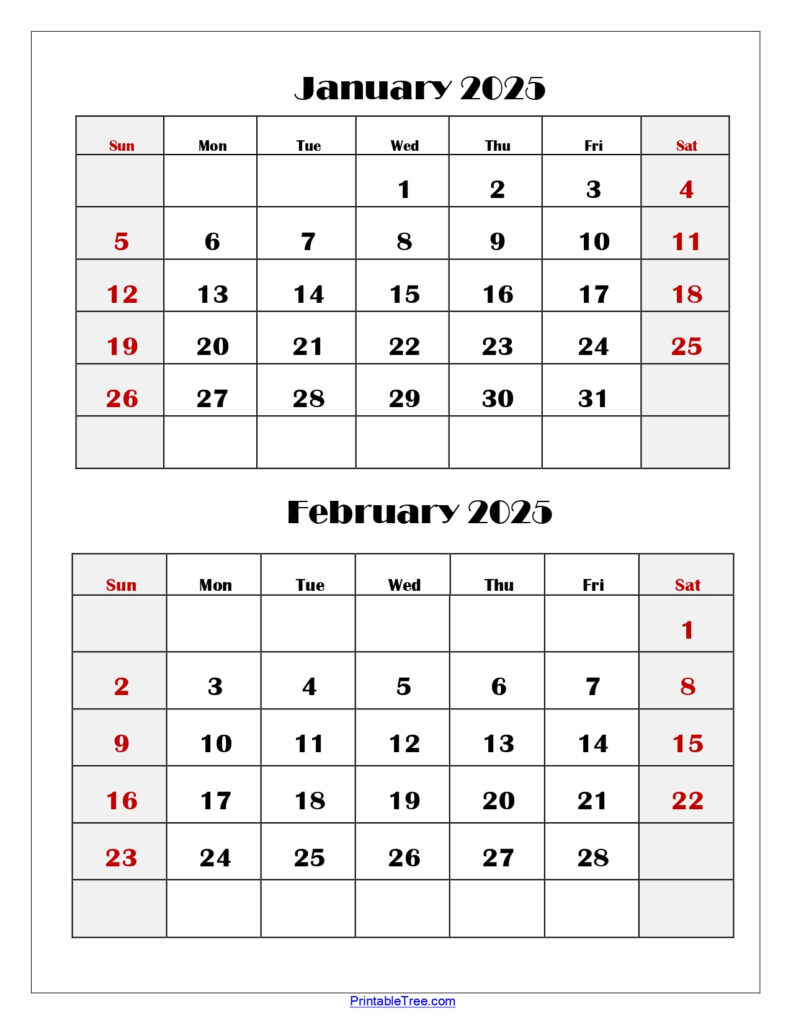 January And February 2025 Calendar | Two Months Calendar In Jan Feb 2025 Calendar Printable