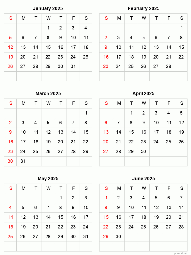 January To June 2025 Printable Calendar | Six Months Per Page For January To June 2025 Calendar Printable