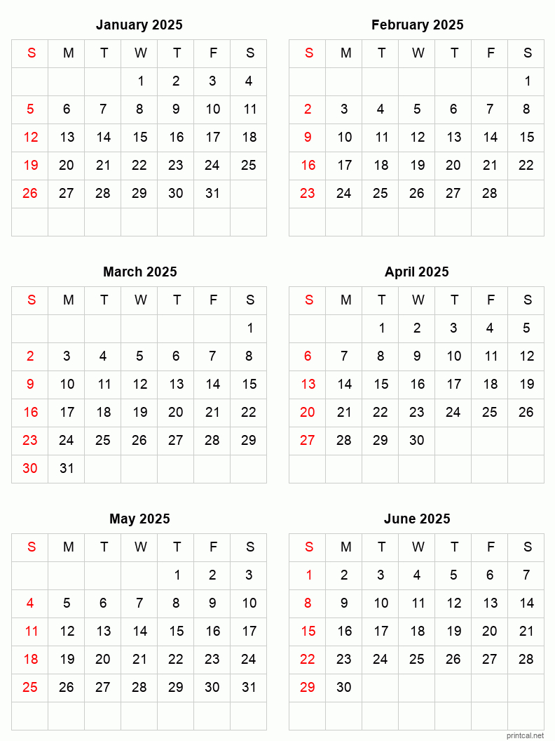 January To June 2025 Printable Calendar | Six Months Per Page for January To June 2025 Calendar Printable