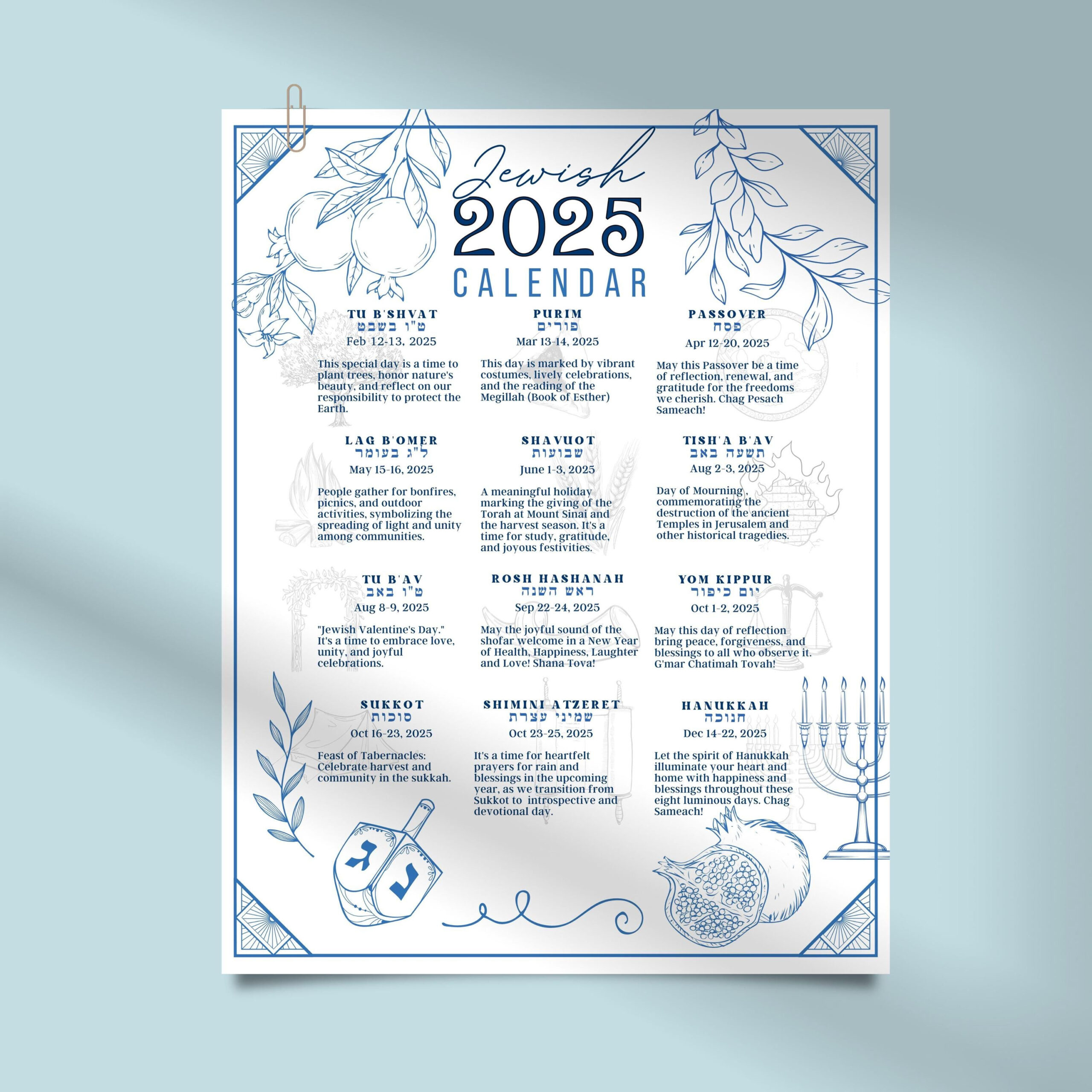 Jewish Calendar 2025 Poster Jewish Gift New Year 5785 Rosh for Jewish Calendar 2025 Printable