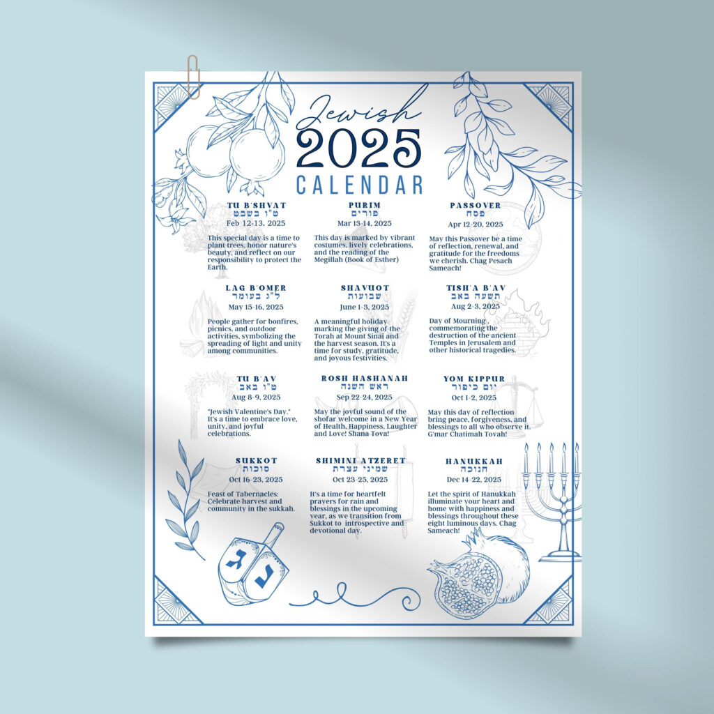 Jewish Calendar 2025 Poster Jewish Gift New Year 5785 Rosh Throughout 2025 Calendar With Jewish Holidays Printable