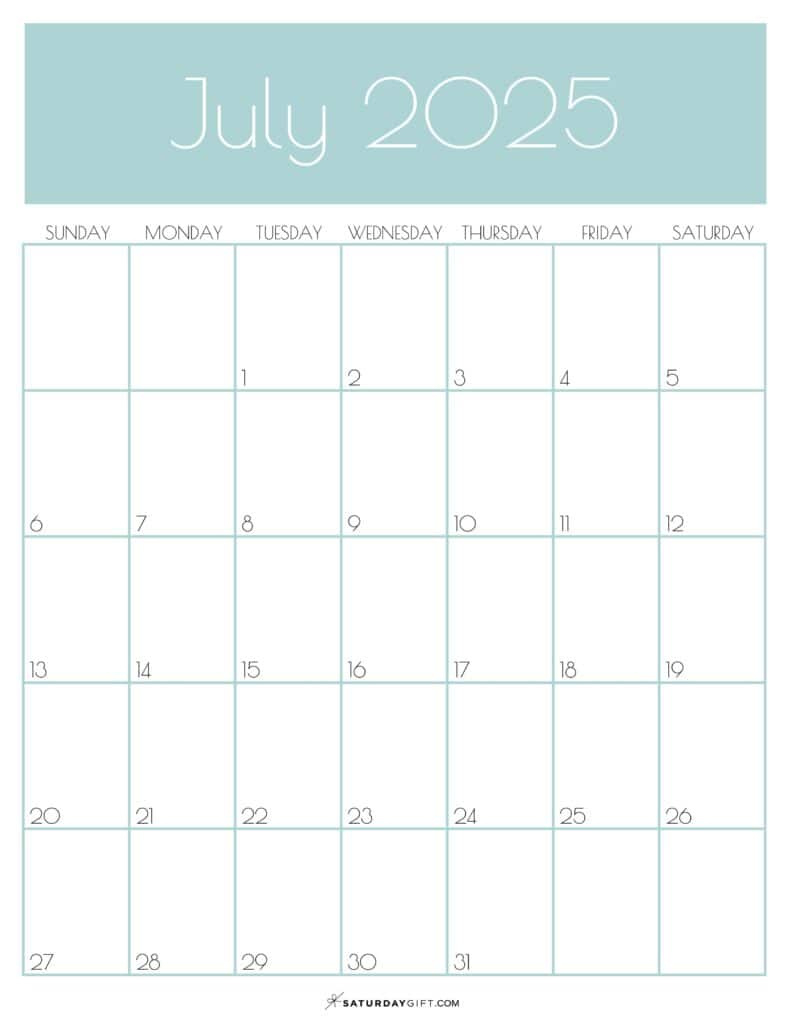 July 2025 Calendar - 20 Cute &amp;amp; Free Printables | Saturdaygift throughout 2025 Printable Calendar By Month Portrait