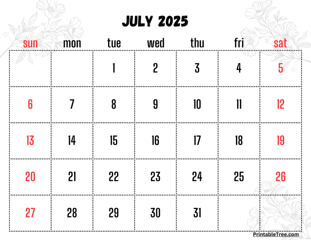 July 2025 Calendar Printable Pdf Template With Holidays For July 2025 Printable Calendar With Holidays