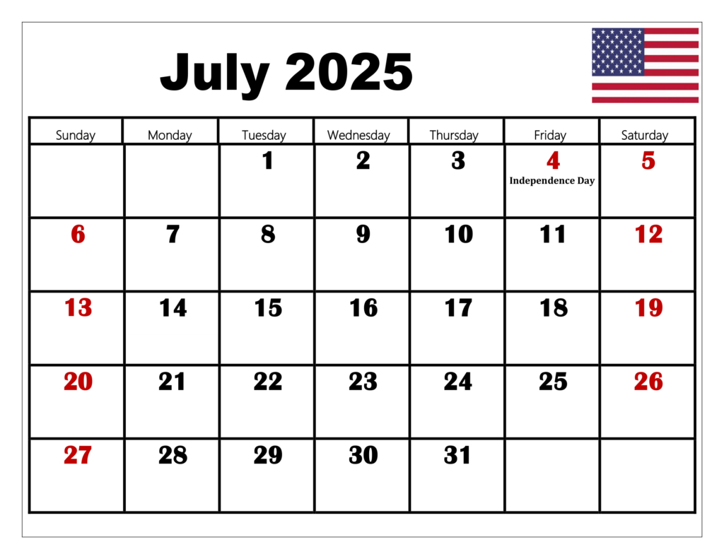 July 2025 Calendar Printable Pdf Template With Holidays For July 2025 Printable Calendar With Holidays