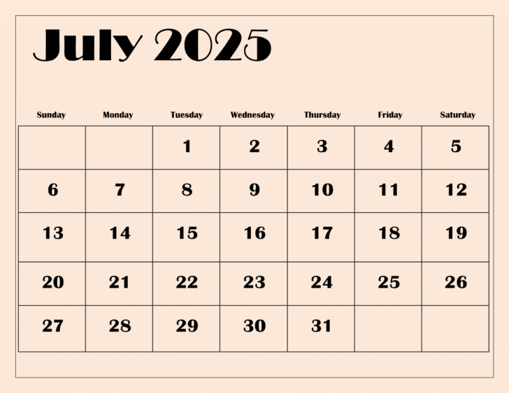 Free Printable Calendar For July 2025